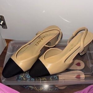 CHANEL Beige and Black Slingback Heels